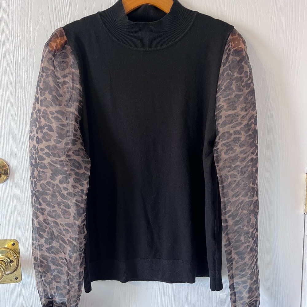 Sioni Black Top with Sheer Animal Print Sleeves